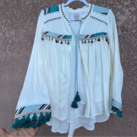 Chico's Open Front Blouse White Double Layer Beaded Sheer Boho Women Size Small - Picture 1 of 12